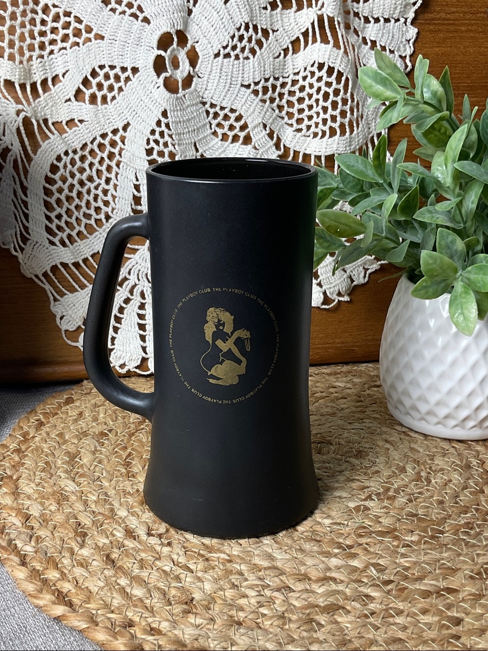 Vintage 1960’s Playboy Club Black Glass Gold Bunny Beer Mug Stein